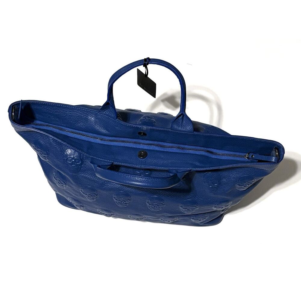 IO PELLE Skull Embossed Blue Leather Tote Bag XL Weekender Crossbody Strp NWT - Picture 6 of 14